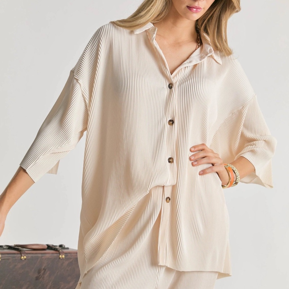SET•Satin Pleated Oversized Button-up Blouse and Pants